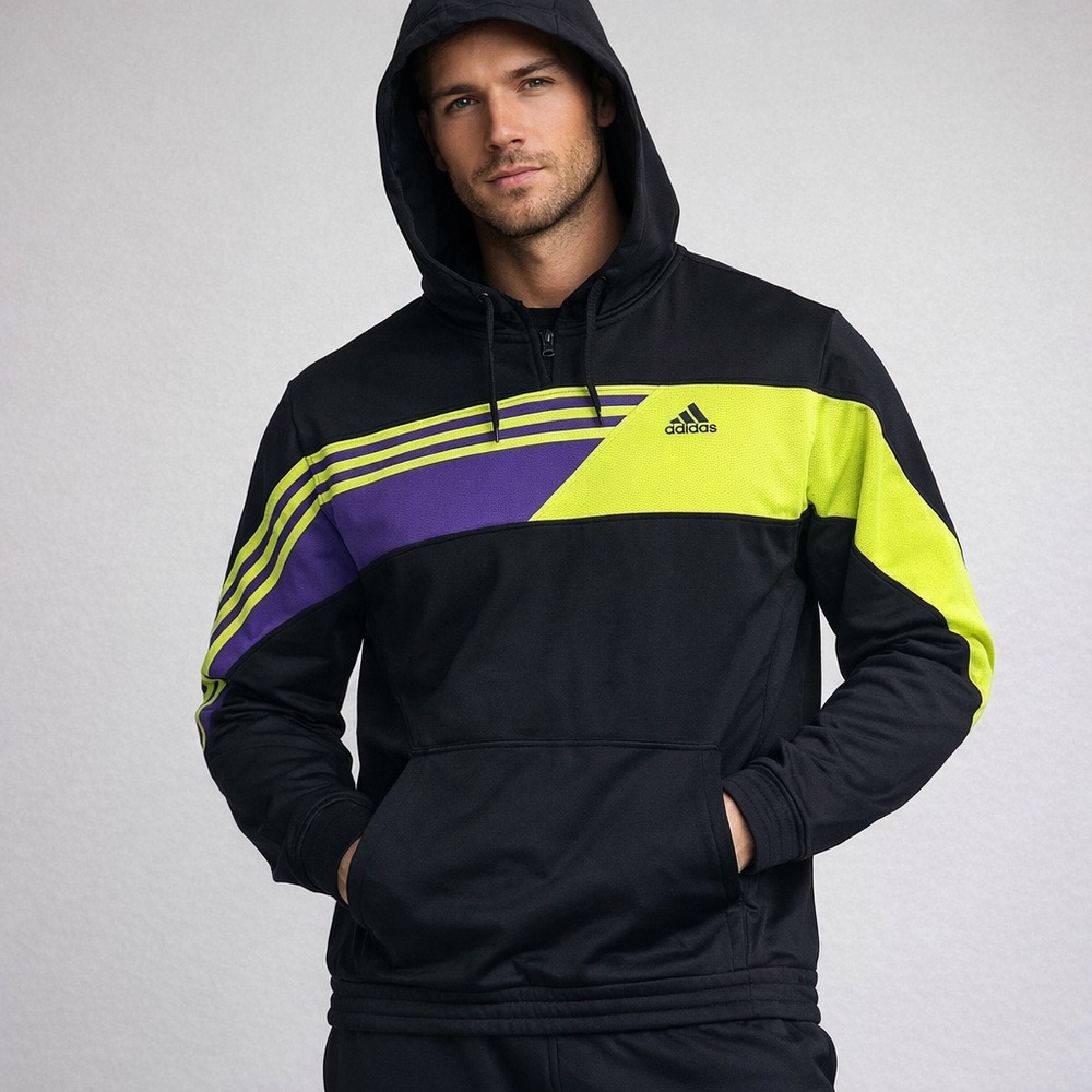 Y2K adidas Black Hoodie with Neon Yellow and Purple Accent Panels